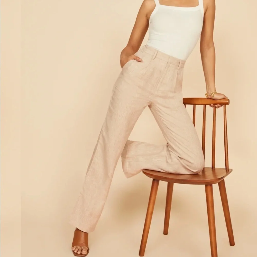 Reformation Cello Pants In Oatmeal 100 Linen Wide Leg High Waisted Unlined SZ 10